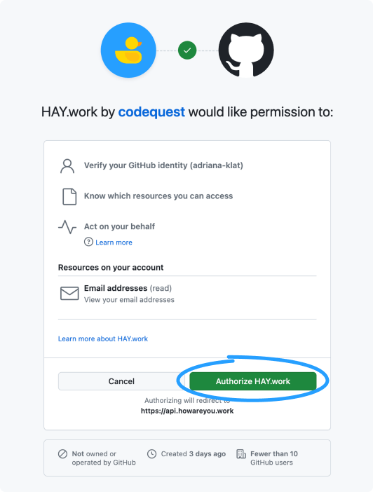 Authorize HAY.work on GitHub