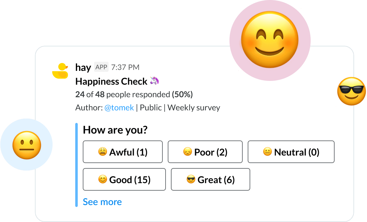 Happiness Check survey where You can see the author, surveys type and current user votes