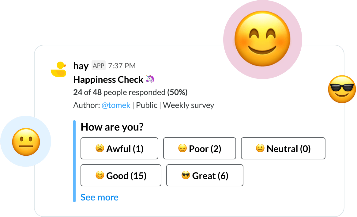 Happiness Check survey where You can see the author, surveys type and current user votes