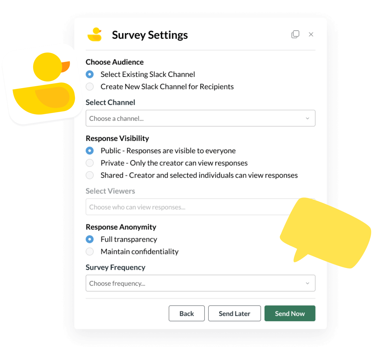 Survey settings menu with options where the user can select recipients, anonymity and visibility of responses
